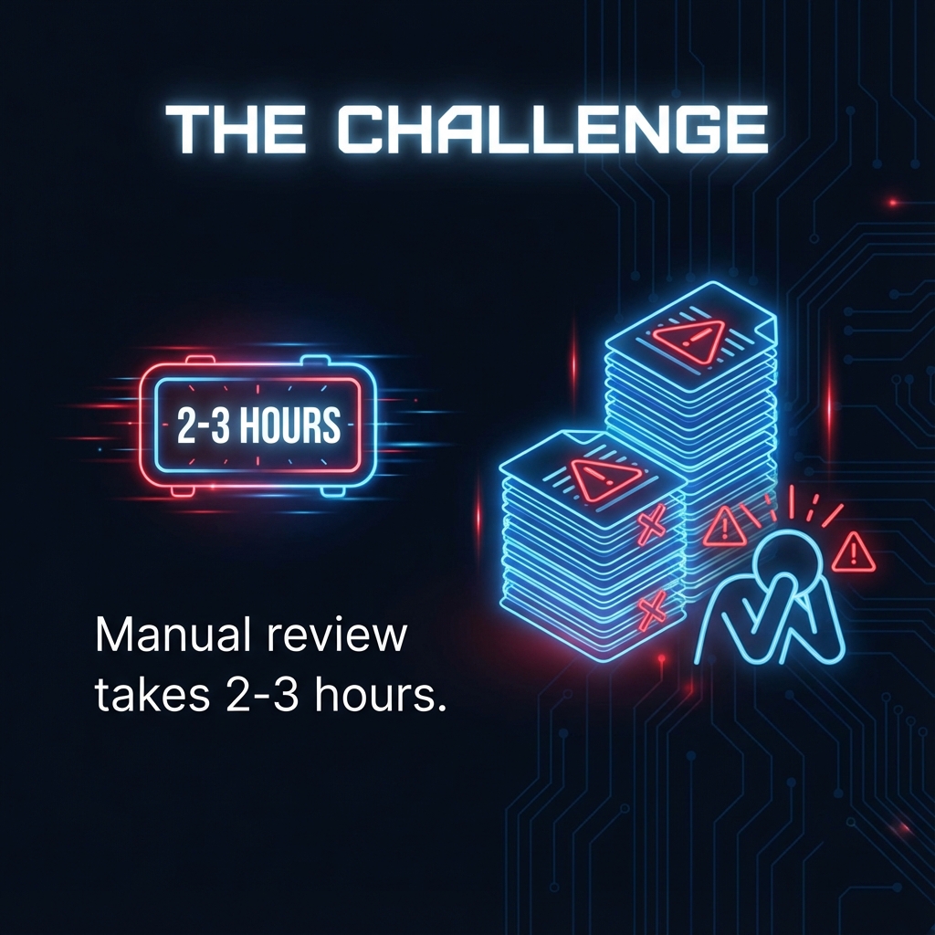 ArtGuard challenge slide showing manual review time